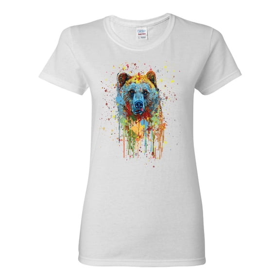 Bear Painting Splatter Abstract Art Animal Lover Womens Graphic T-Shirt, White, 2XL