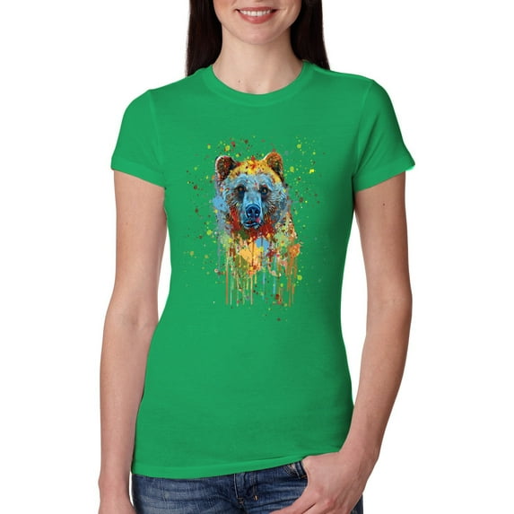 Bear Painting Splatter Abstract Art Animal Lover Womens Slim Fit Junior Tee, Kelly, 2XL