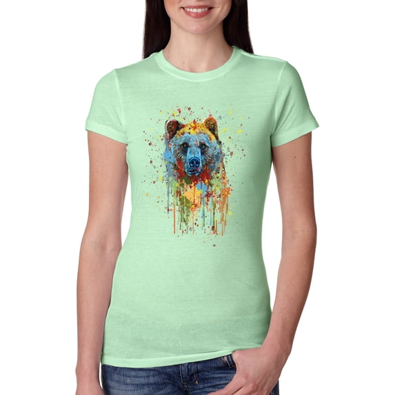 Bear Painting Splatter Abstract Art Animal Lover Womens Slim Fit Junior Tee, Mint, Small