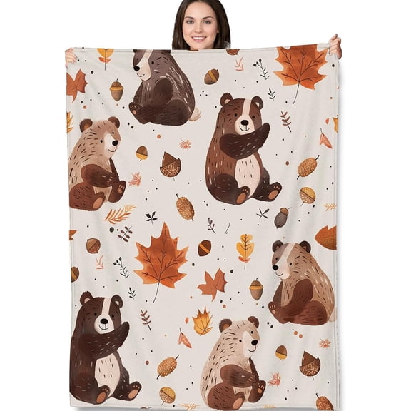 Bear Pattern Blanket Gifts, Cozy Autumn Bears with Leaves Flannel Throw, Soft Lightweight Blanket for Kids and Nature Lovers, Perfect for Bedroom, Living Room 60x50 Inch in,Decor