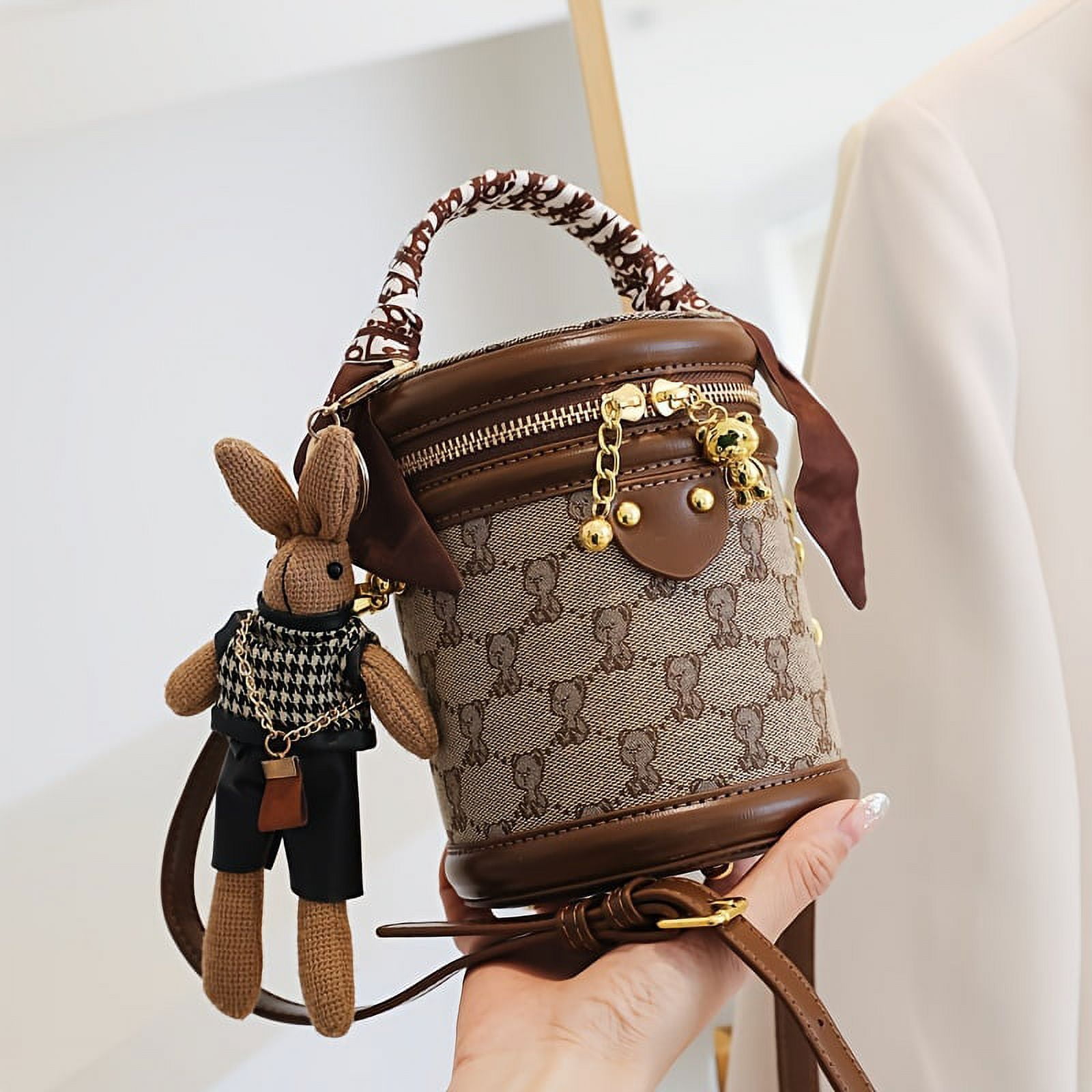 Bear Pattern Cylinder Bucket Bag Small Scarf Decor Zipper Shoulder Purse Trendy Crossbody Bag With Bag Charm