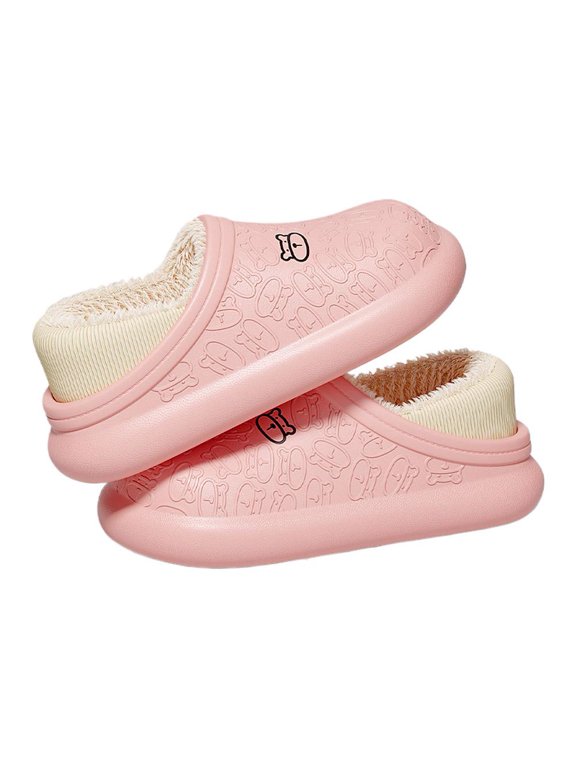 Bear-Pattern Fleece-Lined Clog Slippers, EU Size 40-41, Fits EU 39-40, Covered Heel Shape, EVA and Fleece, Thick Fleece Lining, Pink