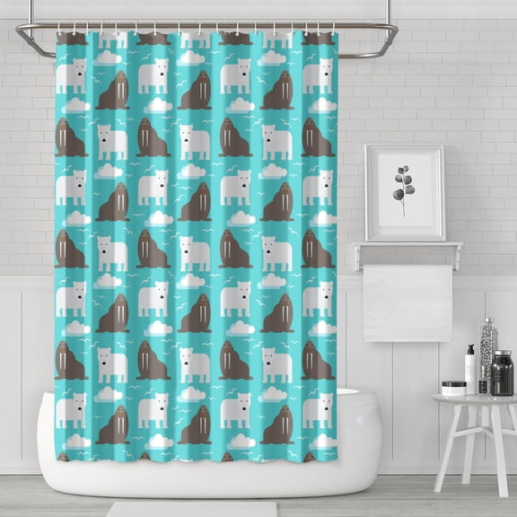 Bear Pattern Shower Curtain - Artistic Aesthetic Polar Cartoon Brown Forest Winter Hunting Wild Design Premium Polyester Waterproof Quick-Dry Bath Curtain 72x72 Inch