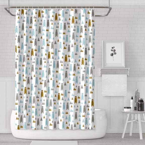 Bear Pattern Shower Curtain - Artistic Aesthetic Polar Cartoon Brown Forest Winter Hunting Wild Design Premium Polyester Waterproof Quick-Dry Bath Curtain 72x72 Inch
