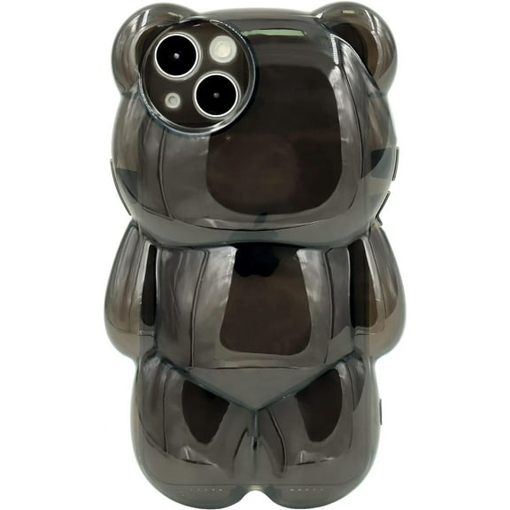 Bear Phone Case Compatible with iPhone 15 Pro Max Case, Cute 3D Black Clear Bear Case, Shockproof Kpop Cartoon Bear Phone Case for Women Girls