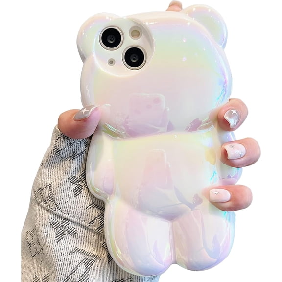 Bear Phone Case Compatible with iPhone 16 Case, Cute 3D Holographic Pure White Bear Case, Shockproof Kpop Cartoon Bear Phone Case for Women Girls