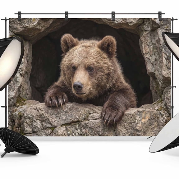 Bear Photography Backdrop 8x6FT, Country Rustic Natural Forest Rock Cave Wild Animal Photo Backdrops, Background for Photography Studio Photo Studio Background, Back Drop for Photoshoot