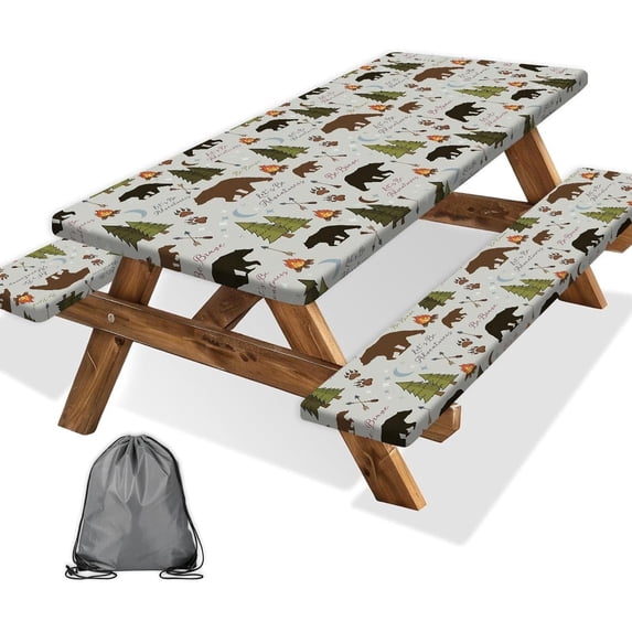 Bear Picnic Table Cover with Bench Covers,Funny Animal Forest Theme Decor,Camping Tablecloths,for 6 Ft Rectangle Tables and Seats,with Drawstring Bag(30x72 Inches)