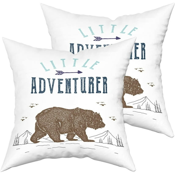 Bear Pillow Covers 18x18 Inches Baby Little Adventurer in Navy Grey and Aqua Boy Decorative Pillow Case Set of 2 Little Explorer Pillow Cushion Cover for Couch Sofa Patio Bedroom Livingroom Nursery