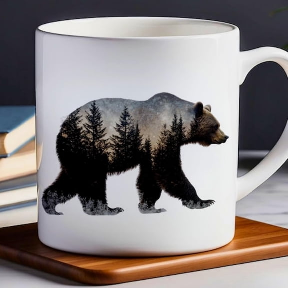 Bear & Pine Tree Ceramic Mug Rustic Nature Coffee Cup.