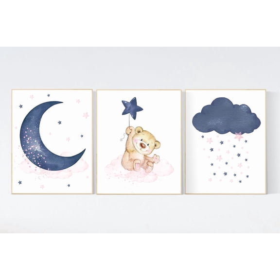 Bear Pink Nursery Wall Art Print, Navy, Moon, Stars, Nursery, Home And Gallery Wall Decor