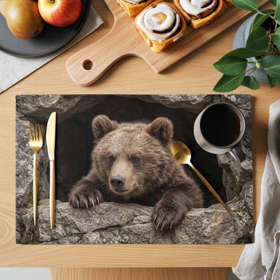 Bear Placemats Set of 4, Country Rustic Natural Forest Rock Cave Wild Animal Heat Insulated Linen Place Mats, Washable Stain-Proof Table Mats for Dining Tables Holiday Decor 13x19 Inches