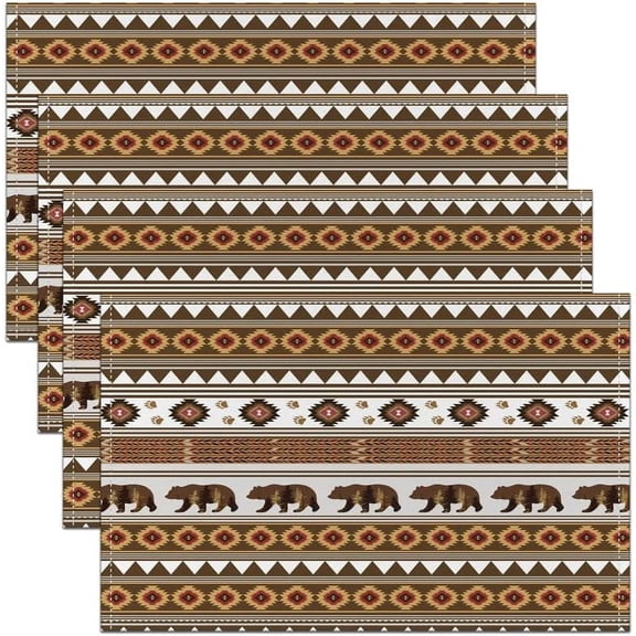 Bear Placemats Set of 4, Exotic Boho Ethnic Stripes Table Place Mats, Traditional Tribal Flower Pattern Placemat for Kitchen Dining Table Decoration Indoor Outdoor 18"x12"