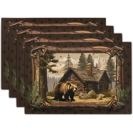 Bear Placemats Set of 4 - Lodge Cabin Place Mats 12x18 Inch Rustic Farmhouse Wild Animal Table Mats Country Woodland Kitchen Mats for Dining Table