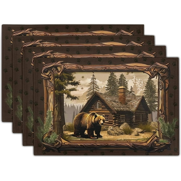 Bear Placemats Set of 4 - Lodge Cabin Place Mats 12x18 Inch Rustic Farmhouse Wild Animal Table Mats Country Woodland Kitchen Mats for Dining Table