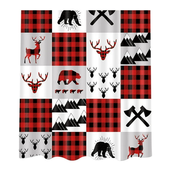 Bear Plaid Shower Curtain Red Black Check Rustic Cabin Deer Wild Animal Hunting Patchwork Winter DecorZJG1013home046
