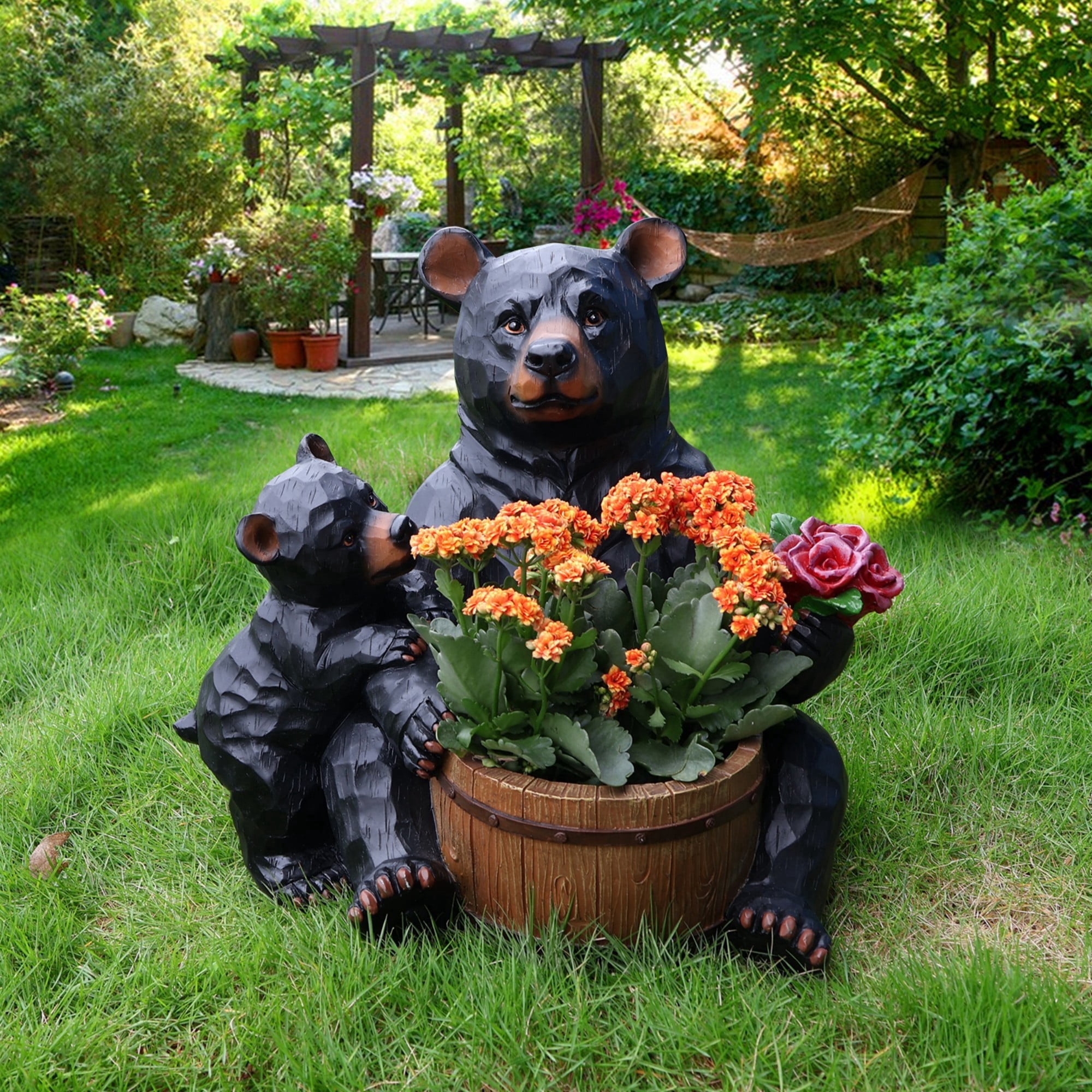 Bear Planter Statue Outdoor Garden Sculpture, Black Resin Flower Pot with Cub Design, Large Yard Decor for Patio Lawn