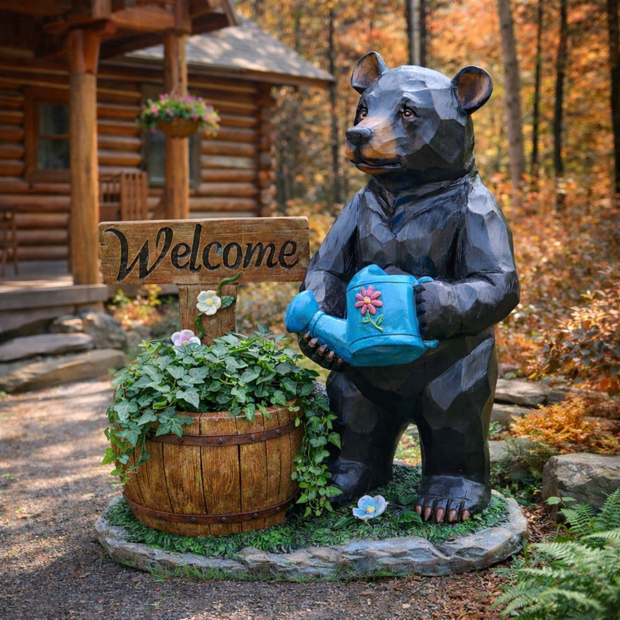 Bear Garden Statue, Black Resin Flower Pot Planter with Welcome Sign for Patio Yard