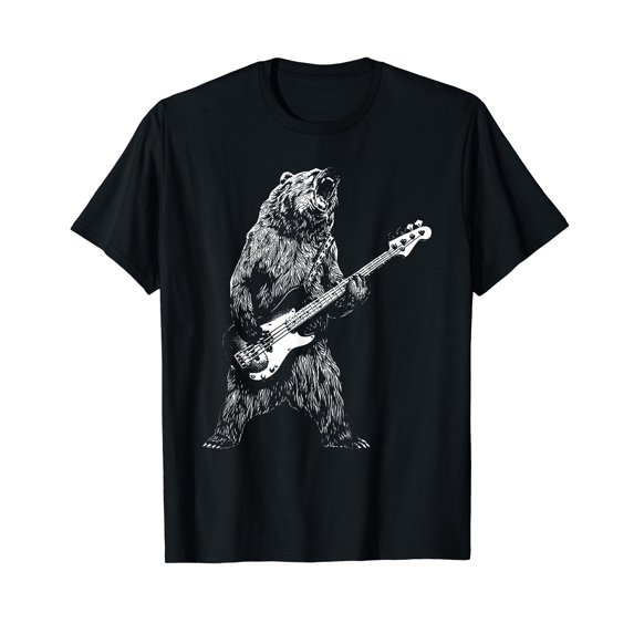 Bear Playing Bass Guitar Shirt for Men Animal Playing Guitar Black T-Shirt