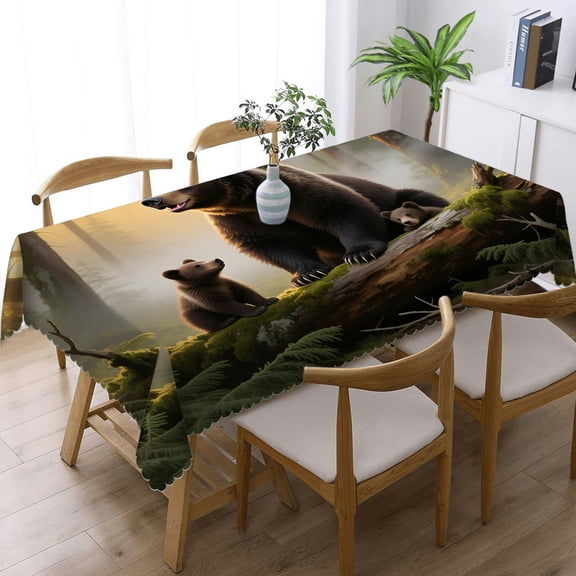 A Bear Playing In The Forest Rectangular Tablecloth, Machine-Made - Festive Table Setting Tablecloths for dining table, Cafe, dinner, brunch, buffet, picnic