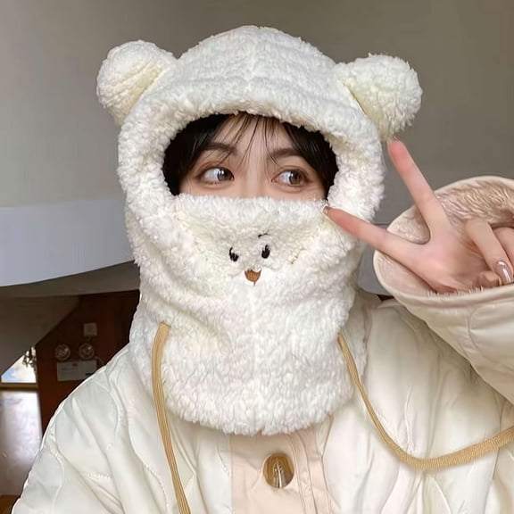 Bear Plush Hat Windproof Scarf, Winter Warmth Ear Protection Cold-Proof Hooded Design for Cyclists
