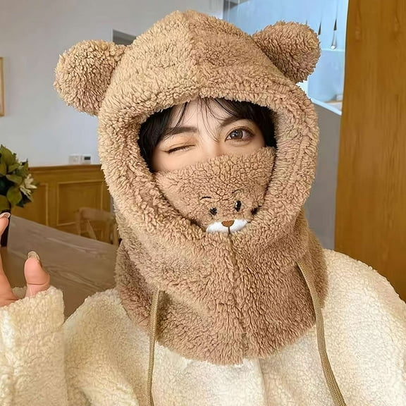 Bear Plush Hat Windproof Scarf, Winter Warmth Ear Protection Cold-Proof Hooded Design for Cyclists
