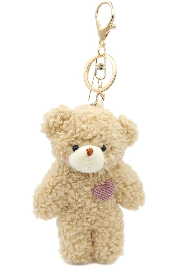 Bear Plush Keychain Toys for Kids with Purple Heart 5" Inch Stuffed Teddy Plushie Backpack Purse Pendant Gift for Girls (B-Brown-Heart)