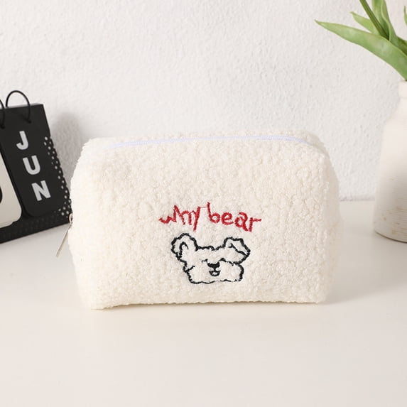Bear Plush Pencil Case and Makeup Bag, Large Capacity Soft Zipper Storage Pouch for Pens Markers Cosmetic Tools Accessories, Cute Animal Design Organizer for Office Travel Home