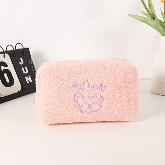 Bear Plush Pencil Case and Makeup Bag, Large Capacity Soft Zipper Storage Pouch for Pens Markers Cosmetic Tools Accessories, Cute Animal Design Organizer for Office Travel Home
