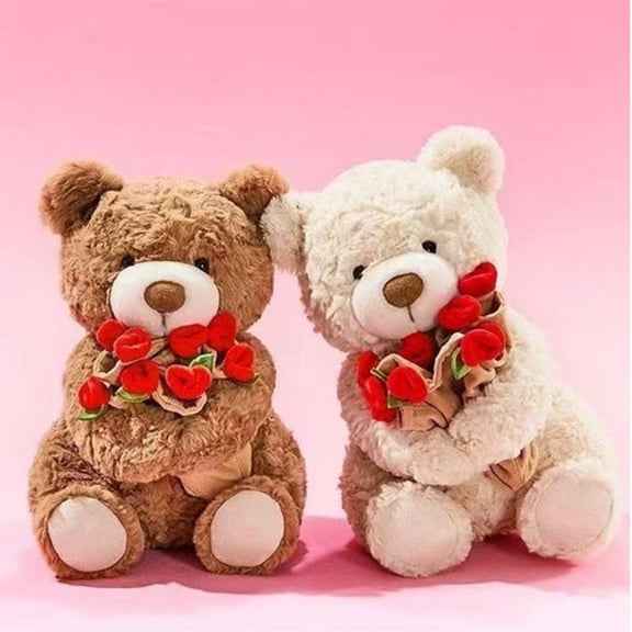 Bear Plush Toy 30cm Beige Rose Bear Plush Toy Valentine's Day Teddy Bear Ornament with Red Rose Cute Gift(1Pcs) Rkxzt