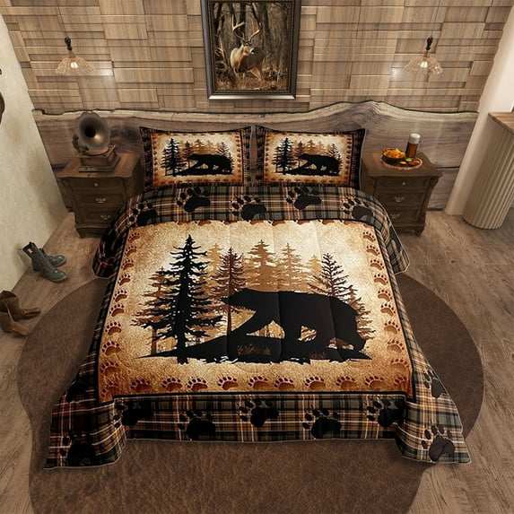 Bear Print Comforter Set,Animal Hunt Pine Trees Retro Bedding Set for Women Adult,Rustic Grid Plaid Cabin Decor Luxury Bed Duvet Insert