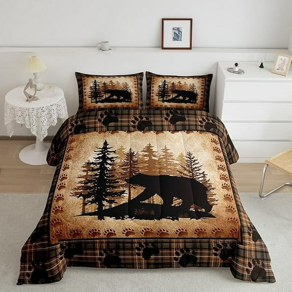 Bear Print Comforter Set Twin Size,Animal Hunt Pine Trees Retro Bedding Set for Women Adult,Rustic Grid Plaid Cabin Decor Luxury Bed Duvet Insert