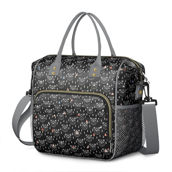 Bear Print Insulated Lunch Bag - Leakproof & Waterproof Thermal Tote for Outdoor, Hunting or Winter Use - Artistic Brown Forest Design with Multi-Pocket Storage