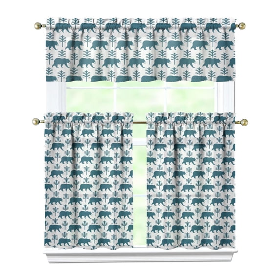 Bear Print Kitchen Curtains 3-Piece Set - Cute Polar Bear Artistic Pattern, Brown Winter Forest Hunting Wild Design, Semi-Sheer Tier Curtains with Valance for Modern Homes