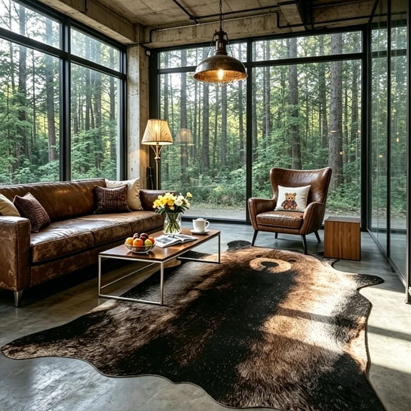 Bear Print Rug 5.2x6.2 Feet, Machine Washable Faux Rug, Non-Slip Animal Print Hide Bear Skin Area Rug for Bedroom Living Room Home Decor