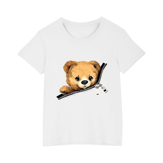 Bear Print Short Sleeve T-Shirt for Kids, Round Neck Casual Top for 3-10 Years
