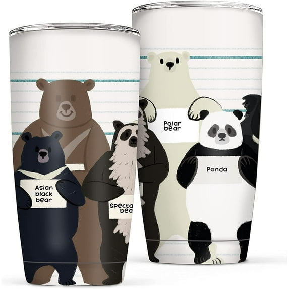 Bear Print Tumbler with Lid and Straw 20 oz Travel Cute Bear Print Cup Stainless Steel Vacuum Insulated Coffee Mug Gift for Women and Men