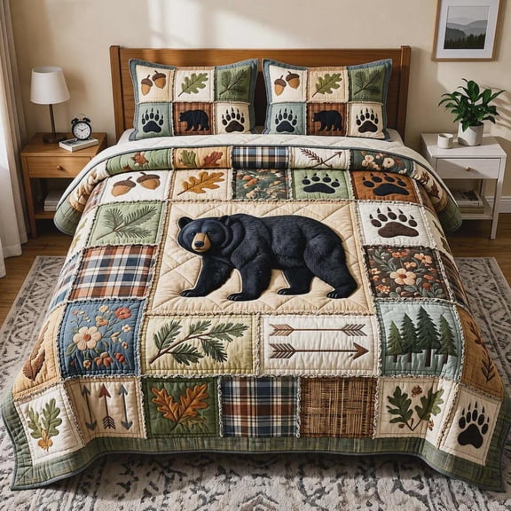 Bear 3-Piece Quilted Bedding Set, Rustic Wildlife Quilted Bedding