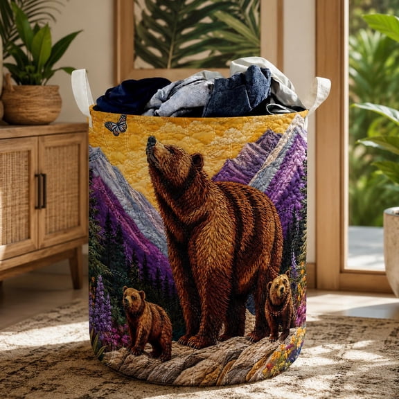 Bear Quilted Laundry Basket, Mountain Wildlife Hamper, Woodland Bear Laundry Bin, Nature Lover Storage Basket