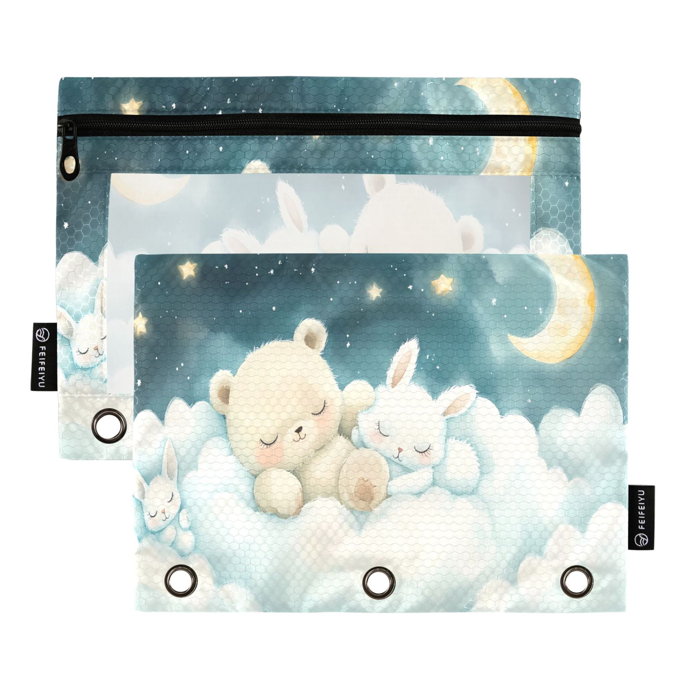 Bear Rabbit Sleep on Cloud 2 Pack Pencil Pouch for 3 Ring Binder Smooth ...
