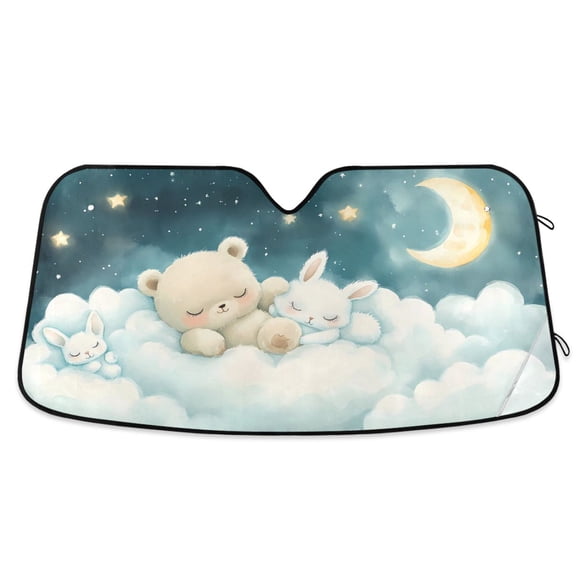 Bear Rabbit Sleep on Cloud Car Windshield Sun Shade Foldable Car Front Window Visor Heat and UV Protection 53x23.5