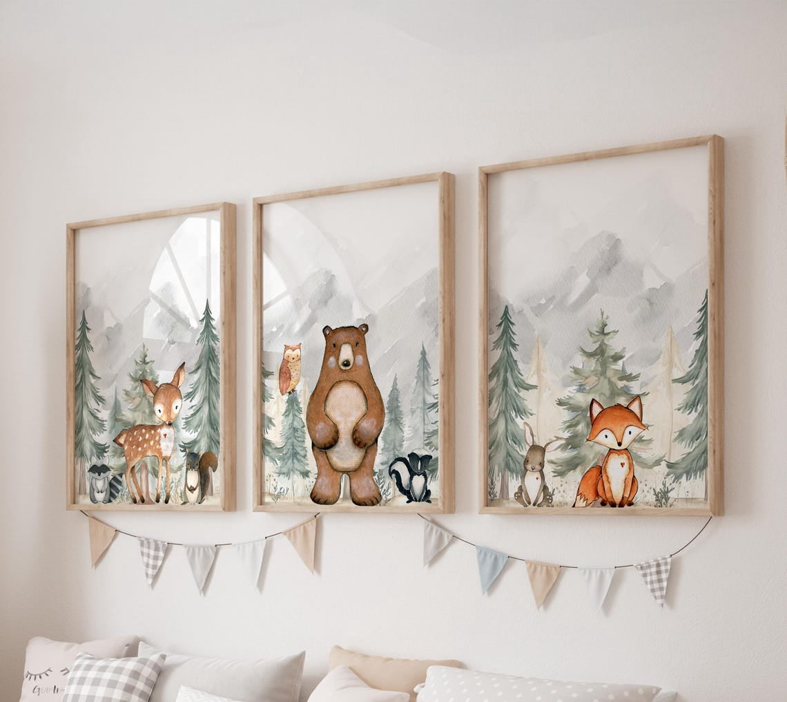 Bear Rabbit Squirrel Fox And Deer Prints Set Of 3, Woodland Nursery ...