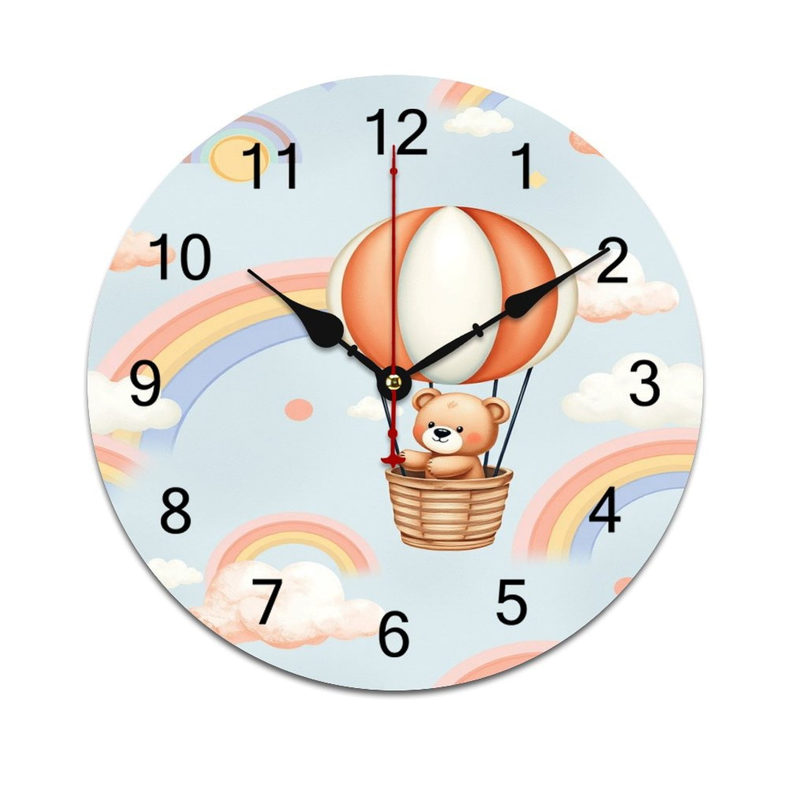 Bear Rainbow Balloon Round Wall Clock Modern Design Home Living Room