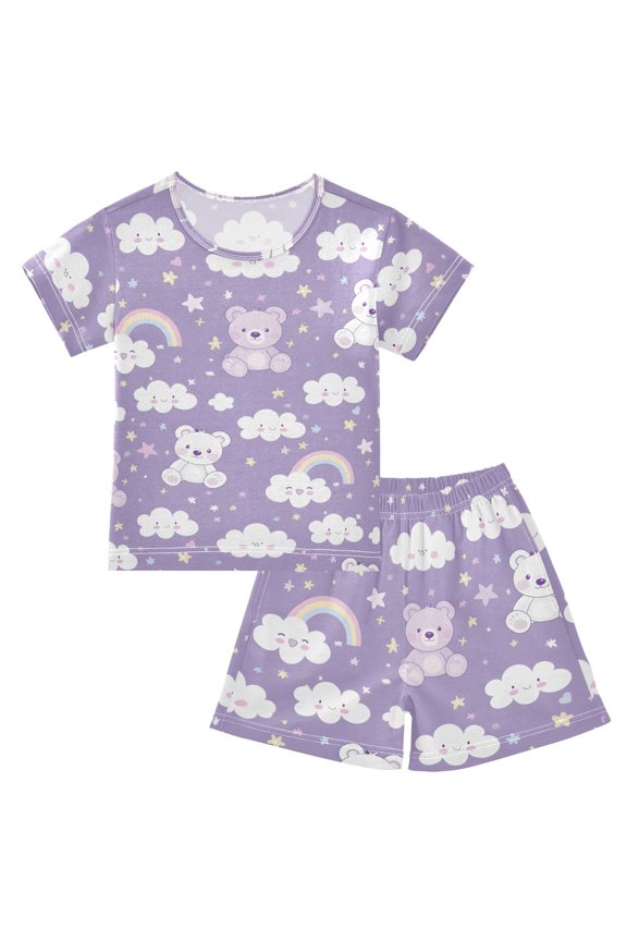 Bear Rainbow Clouds Pattern Summer Pajama Set Soft Cotton Short Sleeve Sleepwear 2PCS Pajama Sets Breathable Lounge Set Size 10Y