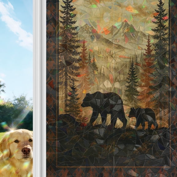 Bear Rainbow Window Privacy Film, Rustic Brown Wildlife Wilderness Pine Tree Forest Mountain Stained Glass Window Film, Sun Blocking Static Cling Non Adhesive Door Stickers 19.6 x 39.3 Inches
