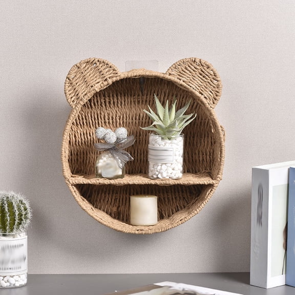 Bear Rattan Shelf, 12.6" Rattan Hanging Storage Basket Bear Ear Shape Wall Shelf Woven Wall Mounted Storage Rack Floating Shelves Home Decoration