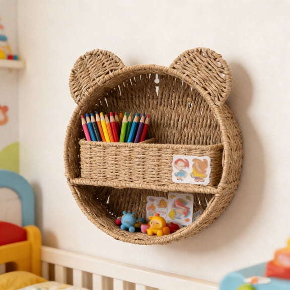 Bear Rattan Wall Shelf, Handwoven Wicker Wall-Mounted Floating Shelf, Decorative Animal Shape Storage Shelf Organizer for Books, Plants, Display Items, Farmhouse Boho Home Wall Decor