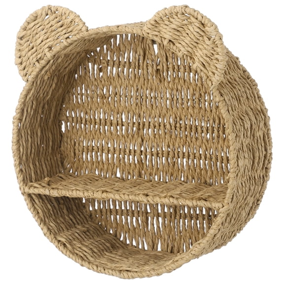 Bear Rattan Wall Shelf – Rustic Double‑Layer Paper Rope Storage Basket, Wall‑Mounted Floating Display Shelf for Bedroom, Playroom, Bathroom & Nursery, Cute Hanging Organizer