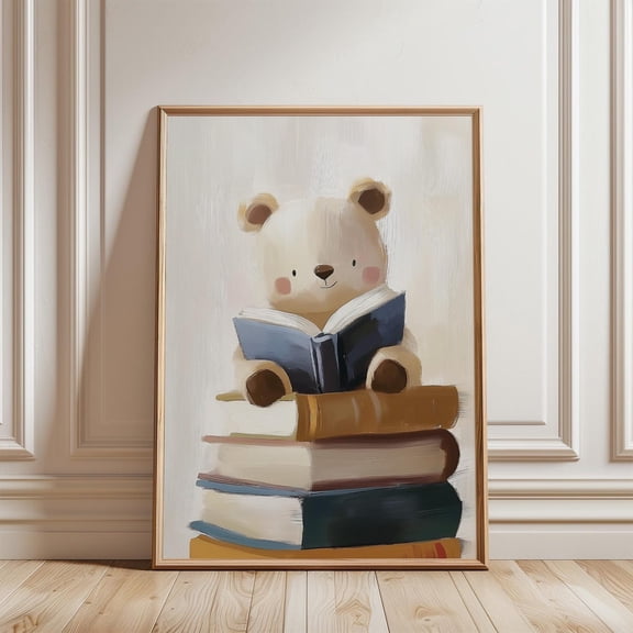 Bear Reading Art Print Childrens Room Decor Whimsical Animal Wall Art, Stretched Canvas 8x10in