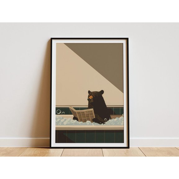 Bear Reading Newspaper In Bubble Bath Cozy Bathroom Animal Unique Modern Vintage Style Poster Unframed Paper Print
